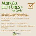 TRE amplia o horário de atendimento da 54ª Zona eleitoral de Nerópolis entre os dias 01 de 08 de maio.
