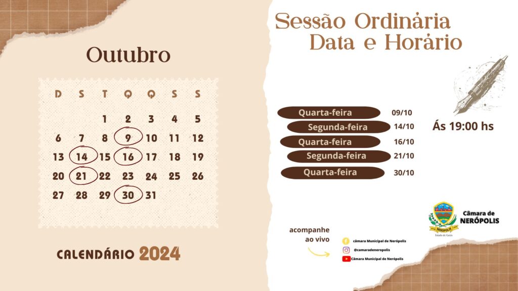 CALENDÁRIO DAS SESSÕES LEGISLATIVO ORDINÁRIAS DO MÊS DE OUTUBRO