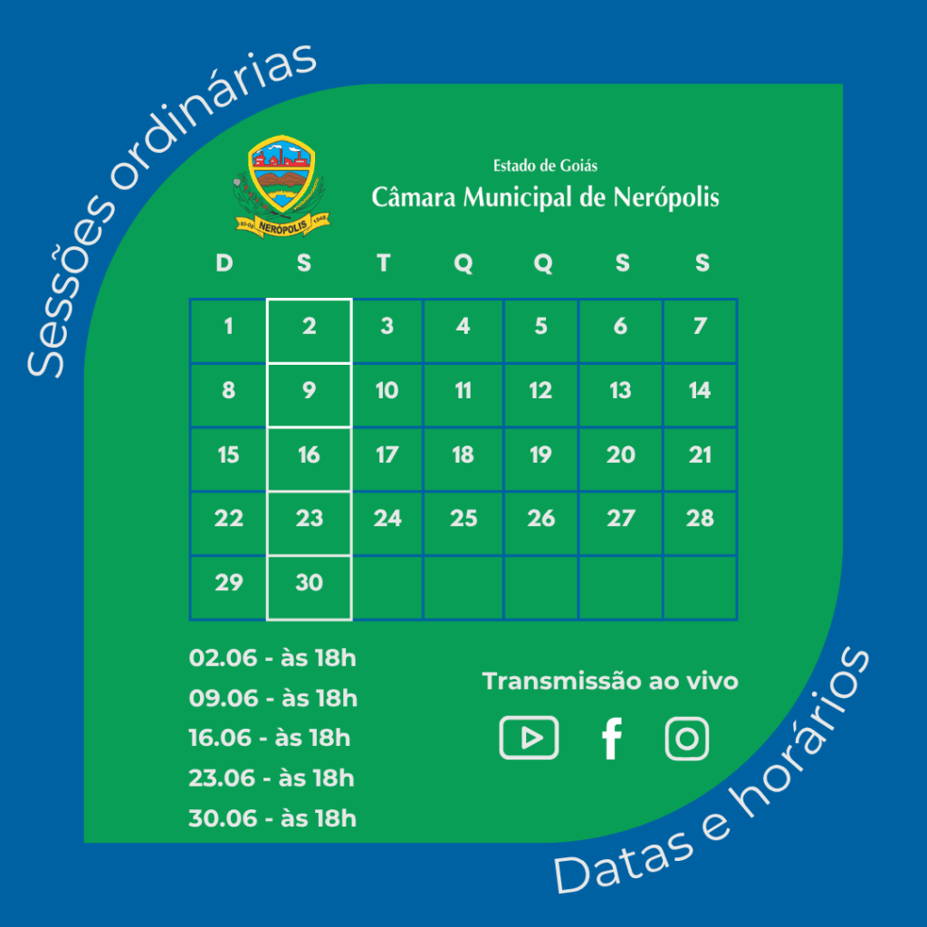 CALENDÁRIO DAS SESSÕES ORDINÁRIAS DO MÊS DE JUNHO