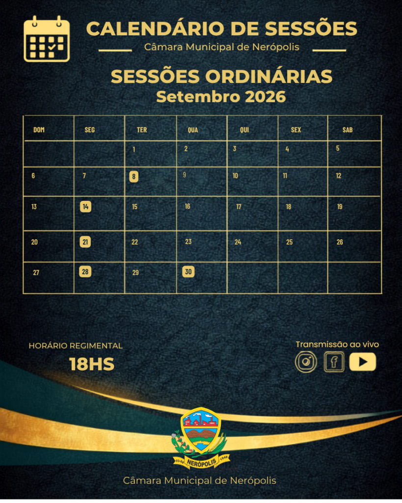 Calendário das Sessões Ordinárias – Setembro de 2026